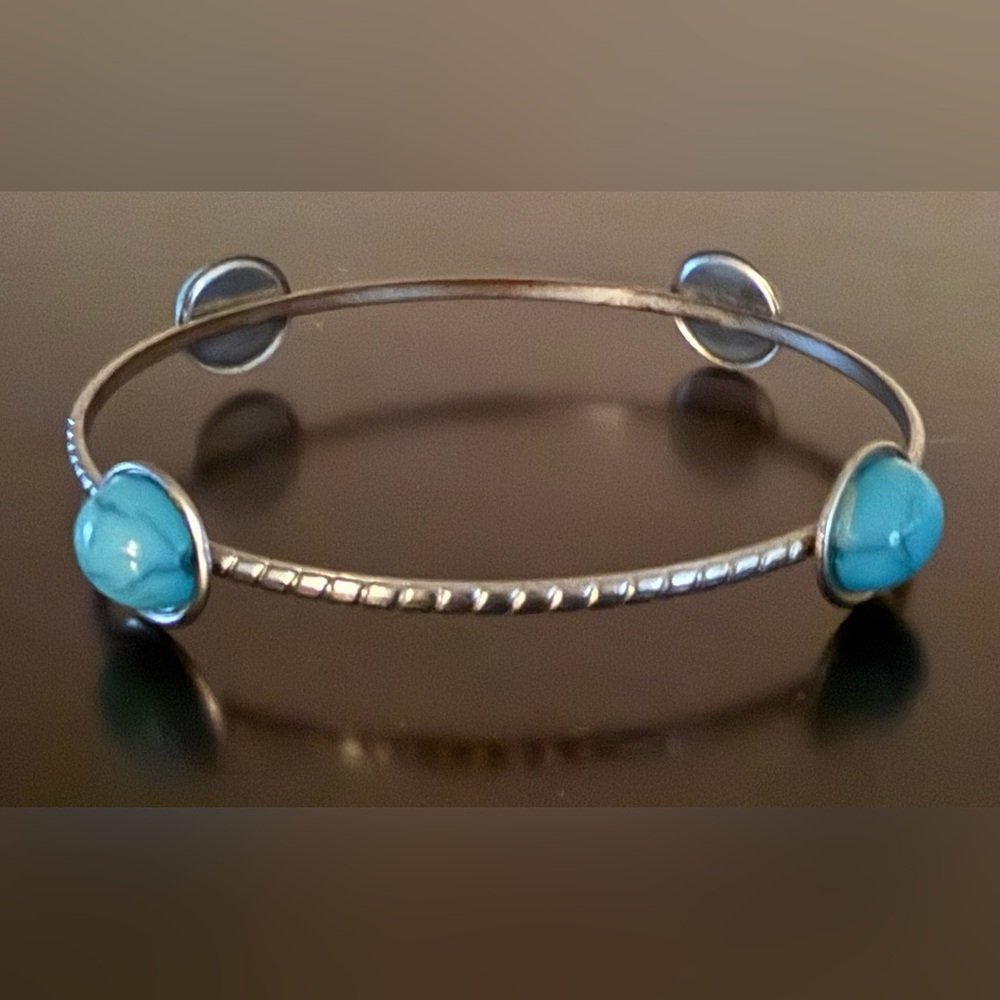 Silver Turquoise Cuff Bracelet Set | Southwestern Boho Stackable Bangles - Picture 6 of 7